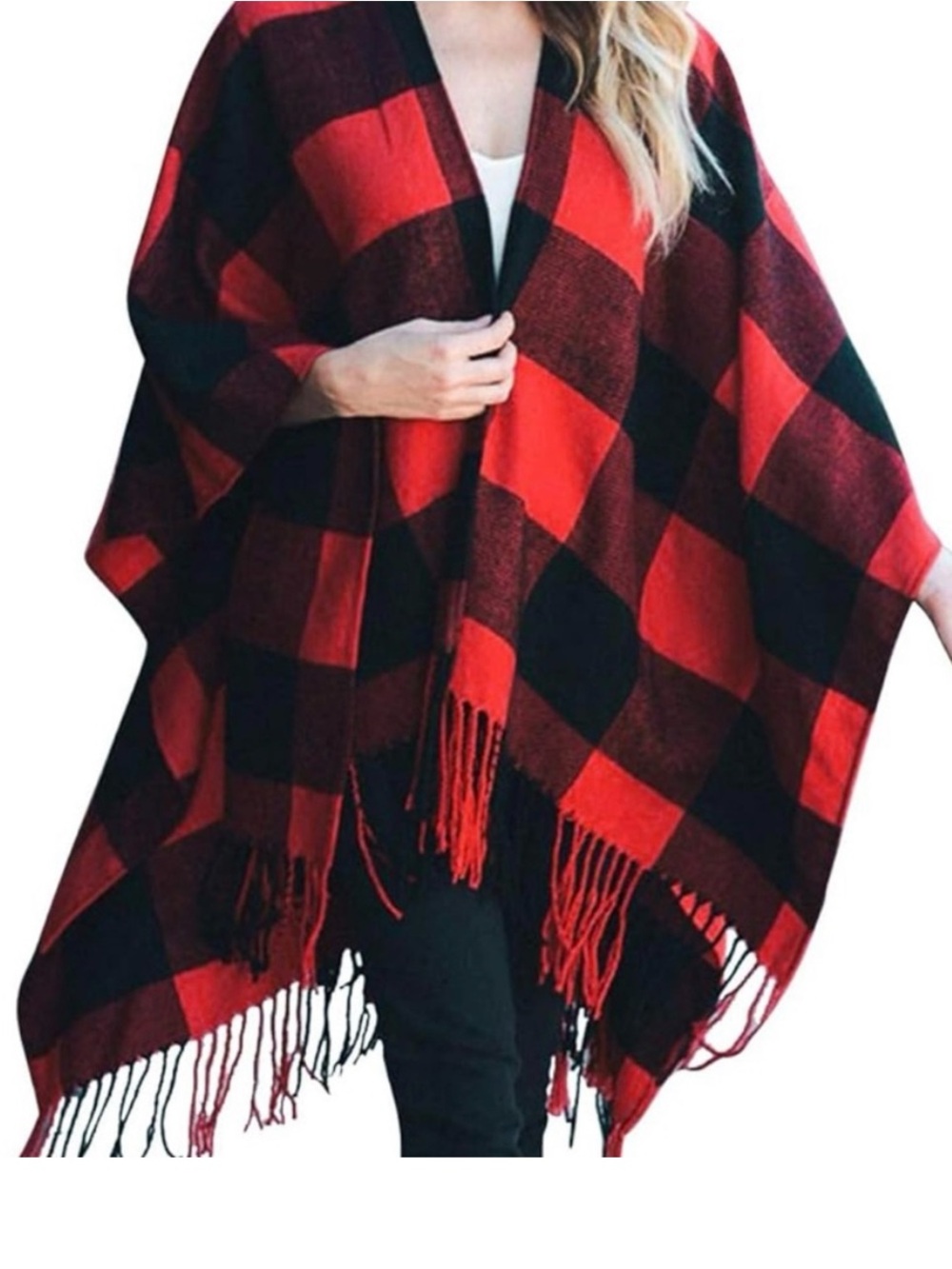 Eivissa Buffalo Plaid Poncho/Shawl/Cape Red Black Polyester Fleece One Size